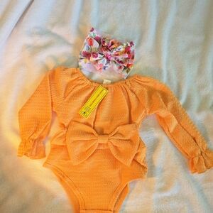 SHEIN Orange Bodysuit with Textured Fabric and Bow